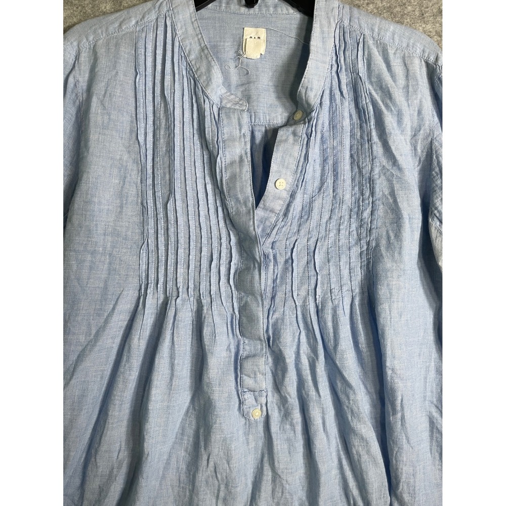 Gap Womens Blue Pintuck Pleated Linen Blend Band Collar Blouse Top Small - Picture 2 of 6